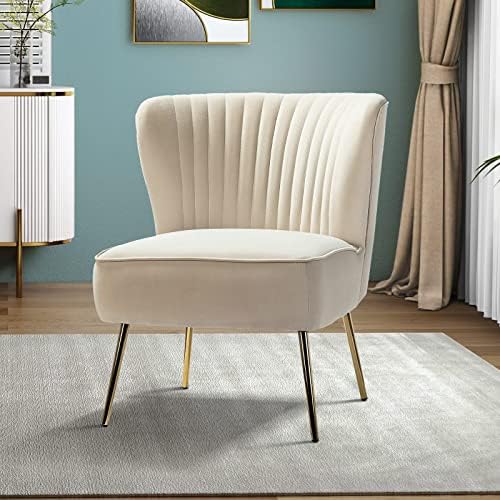 HULALA HOME Velvet Accent Chair, Modern Upholstered Cute Side Chair with Gold Metal Legs, Armless Wingback Slipper Chair Comfy Living Room Chair for Bedroom Guest Room Vanity,TAN