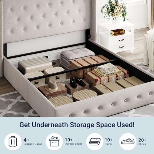 Allewie Full Size Lift Up Storage Button-Tufted Bed Frame Light Beige