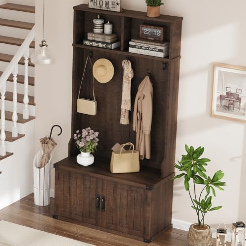 Garvee 77" H Farmhouse Hall Tree with Bench & Shoe Storage, Coat Rack