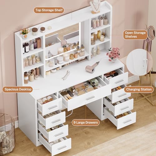 FIONESO Vanity Desk with Mirror, LED Lights and Power Outlet Makeup Vanity Table with 9 Drawers and 7 Storage Shelves Dressing Table for Bedroom Dressing Room (White)