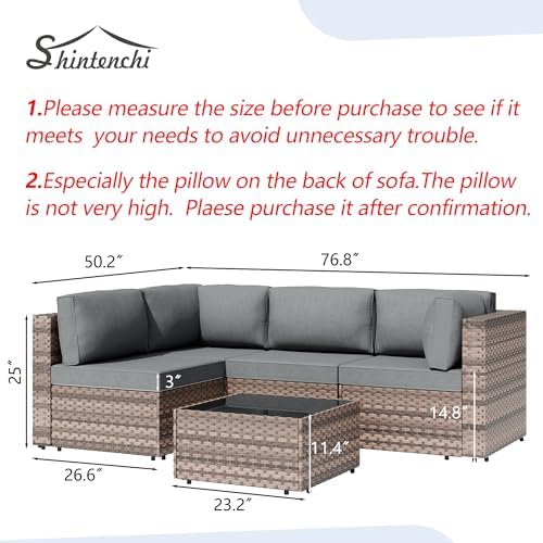 Shintenchi 5 Piece Outdoor Patio Furniture Set with Brown PE Rattan, Gray