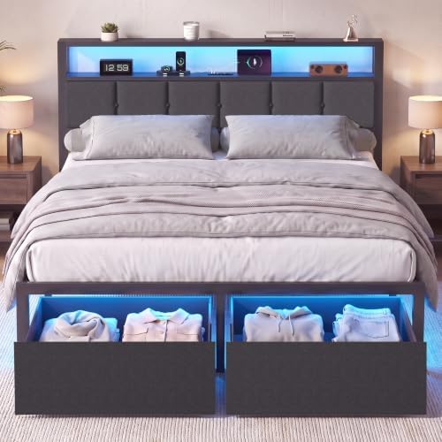 Full Size Bed Frame with Storage Drawers, Charging Station and LED Lights, Upholstered Headboard with 2-Tier Shelves, Heavy Duty Metal Slats, No Box Spring Needed, Noise Free, Easy Assembly