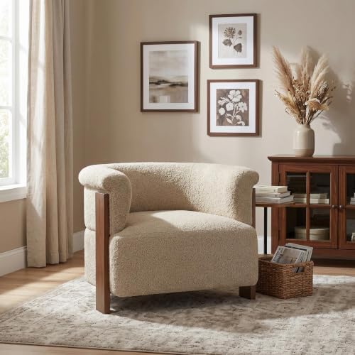 Merax 31.7" Mid-Century Boucle Fabric Barrel Accent Chair, Brown