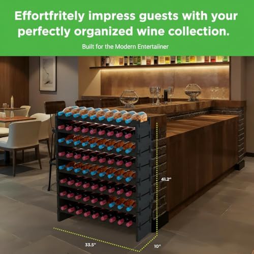 NutriChef 72 Bottle Wine Rack Stackable Bamboo Freestanding, 8-Tier Modular Shelf, Sturdy Wobble Free, Upgraded 2026 Design, Easy No-Tool Assembly for Kitchen, Cellar or Bar 33.5" x 10" x 41" (Black)