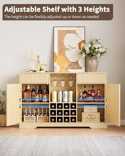 55" Fluted Wine Bar Cabinet - Coffee Bar Cabinets for Home with Storage, 2 Door & 2 Drawer Buffet Sideboard with Liquor Rack and Glass Holder, Alcohol Indoor Bars for Living Room, Kitchen