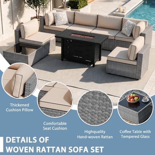 Shintenchi 8 Piece Outdoor Patio Furniture Set with 43 Inch Propane Fire Pit, Washable Cushions, Glass Coffee Table, Waterproof Cover & CSA Certified for Backyard Poolside, Silver PE Rattan/Khaki
