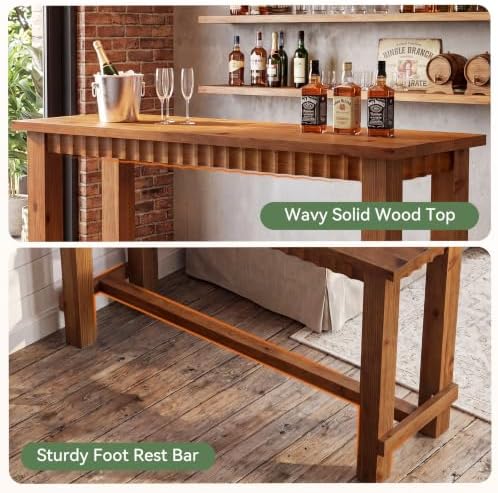 63" Solid Wood Counter Height Bar Table, Rectangular Tall High Top Pub Table with Footrest, Bar Height Dining Table for Kitchen, Dining Room, Walnut Brown