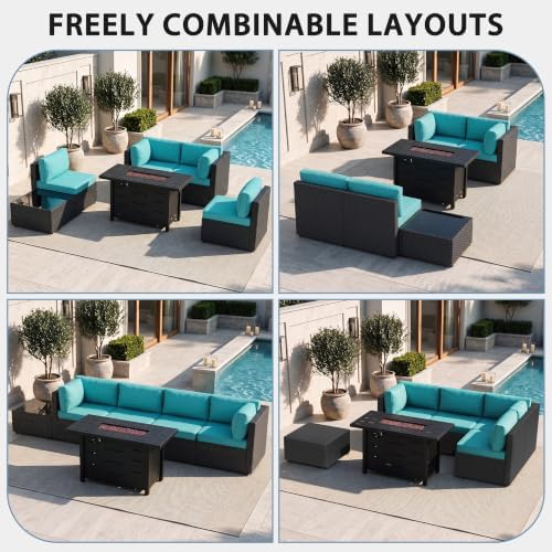 Shintenchi 6 Piece Outdoor Patio Furniture Set with 43 Inch Propane Fire Pit, Washable Cushions, Glass Coffee Table, Waterproof Cover & CSA Certified for Backyard Poolside, Black PE Rattan/Blue
