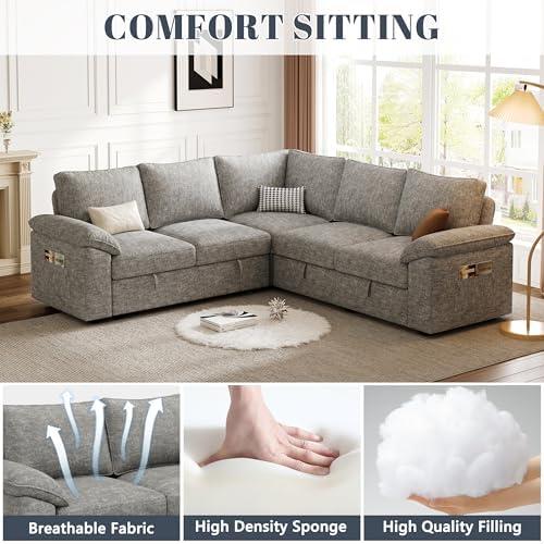 85'' Modular Sectional Sofa with Pull Out Bed, Sleeper Sofa, Light Gray