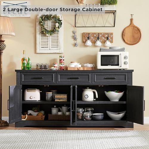 JXQTLINGMU 66" Farmhouse Buffet Cabinet with Storage, Sideboard Credenza, Carved Cloud-Inspired Doors, 3 Drawers & Adjustable Shelves, Coffee Bar Cabinet, Black
