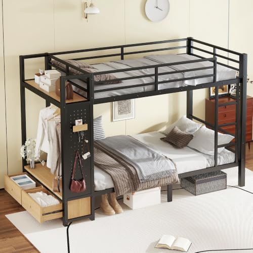 Bellemave Twin XL Over Twin XL Size Metal Bunk Bed with Storage Shelves and Drawers, Heavy Duty Bunk Beds with Clothes Hooks for Adults, Teens, Kids, Black