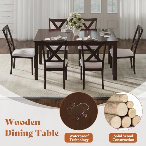 AMERLIFE 7-Piece Farmhouse Dining Table Set for 6, 60'' Table and 6 Chairs