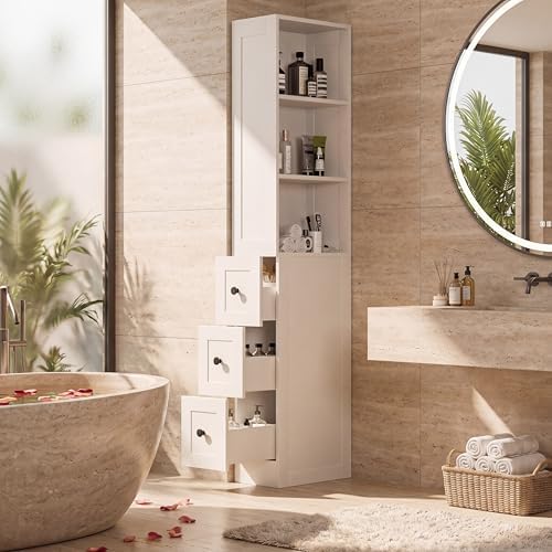 Tall Narrow Bathroom Storage Cabinet, 67" Floor Cabinet with 2-Way Reversible Door & 3 Drawers, Narrow Pantry Linen Tower with Adjustable Shelves for Small Space, Kitchen, Laundry, White