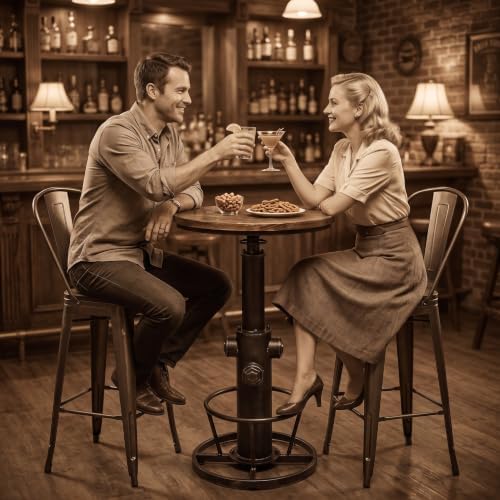 Industrial Bistro Bar Table 38.6-44.4inch Height Adjustable Farmhouse Pub Table for Kitchen Dinning Room Office Swivel Wooden Top