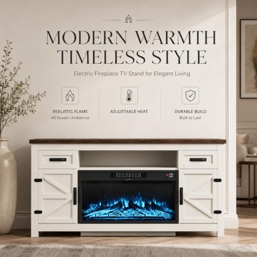 Fireplace TV Stand with Barn Door, 70 inch, White