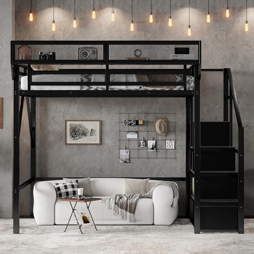 KEIKI Full Size Metal Loft Bed Frame with Convertible Staircase, Built-in Storage Shelves and Wardrobe, Loft Bed with Solid Slats, Guardrail, No Box Spring Required, Easy Assembly, for Bedroom, Black