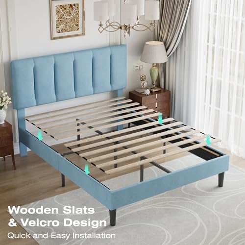 VECELO Queen Size Bed Frame with Upholstered Headboard, Light Blue