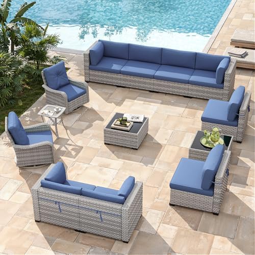 10-Seat Modern Patio Furniture Set with Swivel Rocking Chairs, Thick 4″ Cushions, Dual-Strand Wicker Rattan, Rust-Resistant Steel Frame – Outdoor Conversation & Modular Sectional,Navy