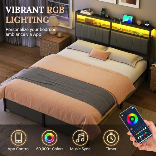 Queen Bed Frame with Storage Drawers and Charging Station, Grey