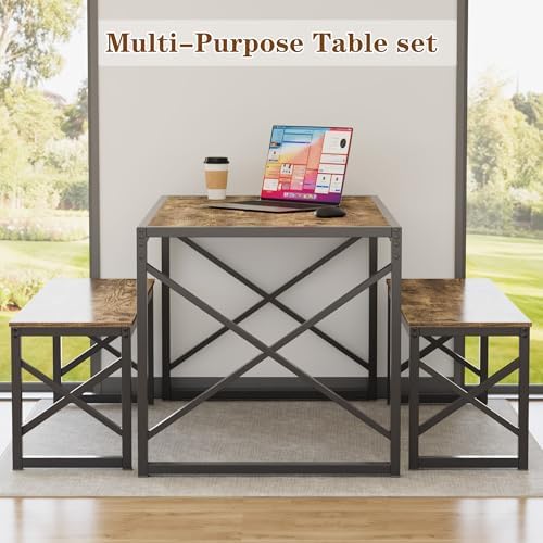 VECELO 55” Kitchen Dining Table Set for 4, Heavy-Duty Steel Frame & Wood-Grain Tabletop, Space-Saving Dinette Sets with 2 Benches for Breakfast Nook and Small Space, Grey