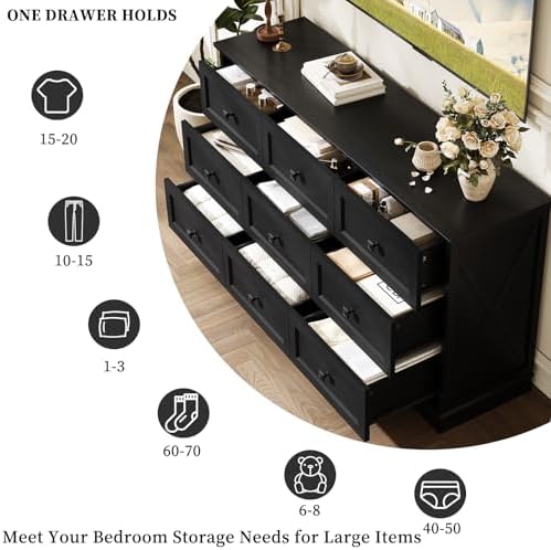 Farmhouse 9 Drawers Dresser Chests for Bedroom, Black 9 Drawers TV Stand