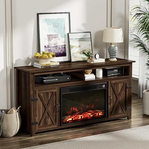 YESHOMY Farmhouse Fireplace TV Stand for Television up to 65+ Inch, Walnut