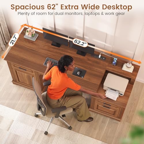 SEDETA Farmhouse Executive Desk, 62'' Home Office Desk with File Drawers, 3Drawer and Storage Cabinet, Computer Desk with Power Outlet for Home Office, Work Study Writing, Walnut
