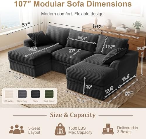 Modular Sectional Cloud Couch for Living Room, Corduroy 5-Seat U Shaped Upgraded Boneless Couch with 2 Ottomans, Throw Pillows, Memory Foam Sofa,Deep Seat,Compressed Box,No Assembly (107"-Black)