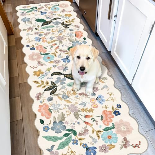 2x6 Washable Hallway Runner Rug: Floral Kitchen Rugs with Non-Slip Backing Vintage Low Pile Entryway Carpet for Living Room Bedroom Ultra Soft Water Resisitant Floor Mat for Bathroom Laudry(2x6,Cream)