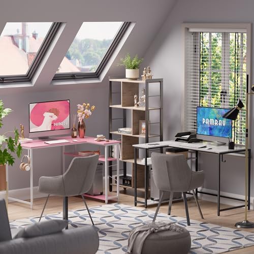 Pamray 43 Inch L Shaped Computer Desk with Reversible Side Storage Shelves, Small Corner Desk for Small Space Home Office,Writing Study Table PC Desk for Bedroom,White Marble
