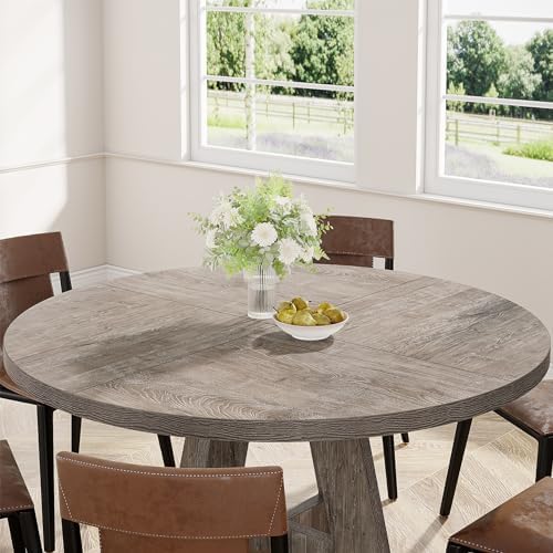 Tribesigns 47 inch Round Dining Table Wood Kitchen Table for Dining Room, 47" Dinner Room Tables for 4-6, Farmhouse Accent Furniture with Wooden Tabletop and Cross Base, Rustic Grey