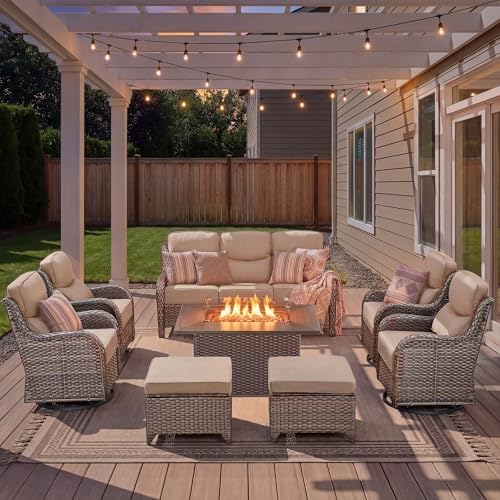 Luxury Patio Furniture Set with Fire Pit Table-8 Pieces All Weather Outdoor Swivel Rocker Chairs with Sofa and Ottomans. Outdoors Patio Conversation Sets for Porch Deck Garden Backyard(Brown/Beige)