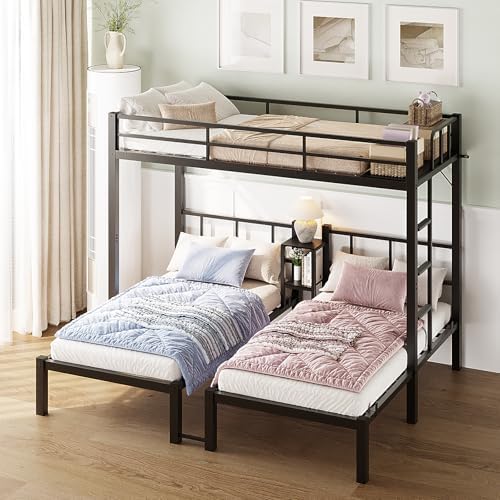 FCH Metal Triple Bunk Bed Twin Over Twin Over Twin,3 Bunk Beds with Shelves for Kids,Teens and Adults, Detachable 3 Person Bed, No Box Spring Needed,Black