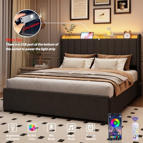 Queen Bed Frame with 4 Drawers and Storage Headboard, Upholstered Platform Bed Frame Queen Size with Led Lights and Handy Charging Station, No Box Spring Needed, Easy Assembly, Noise Free, Gray