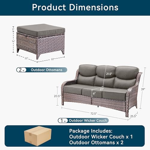 Luxury 3 Pieces Patio Furniture Sets-All Weather Wicker Rattan 3-Seat Sofa Set with Comfy 6" Cushion, Multifunctional Ottomans Patio Conversation Set for Deck Backyard Garden(Brown/Grey)