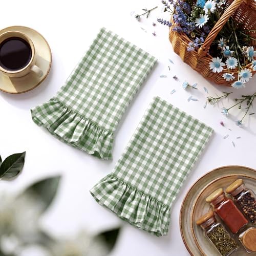 HunnmingRe 2 Pcs Green Gingham Kitchen Towels Cotton Ruffled