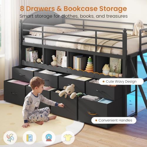 DICTAC Low Loft Bed Twin Size with 8 Drawers, 4 Bookcase & LED Lights,Black