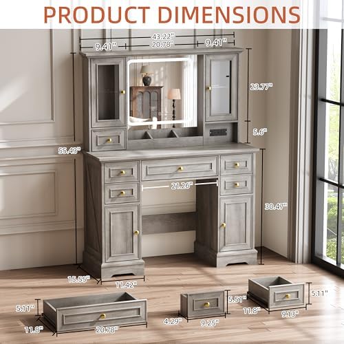 Vanity Desk with Mirror & Lights, Makeup Vanity with Power Outlet & USB Ports, Farmhouse Dressing Table, 6 Drawers & 4 Storage Cabinets, RGB Cabinet Lighting, 3-Color Dimmable Mirror