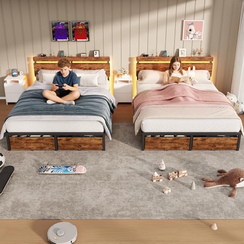 Forestell Full Size Bed Frame with Wood Headboard,2 Storage Drawers & Shelf