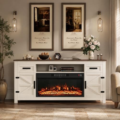 Fireplace TV Stand with Barn Door, 70 inch,White&Black