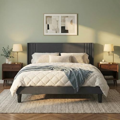 Gizoon Queen Bed Frame with Wingback Headboard, Upholstered Platform Bed