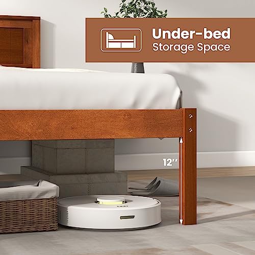 GIANTEX Twin Bed Frames with Headboard, Solid Wood Platform Bed with Wood Slat Support, Single Bed with 16" Under Bed Storage, Twin Bed Frames for Kids Adults Guests, Easy Assembly, Walnut