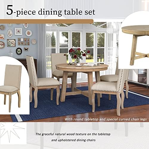 LUMISOL Round Dining Table Set for 4, Farmhouse Kitchen Table Set with Round Extendable Dining Table and 4 Upholstered Dining Chairs, Natural Wood Wash