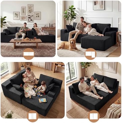 GRUSIGN Cloud Sectional Boneless Couches for Living Room, Modular L Shaped Couch with Deep Seat Oversized Right Facing Chaise, Memory Foam Compressed Spineless 3 Seater Sofa for Apartment, Black