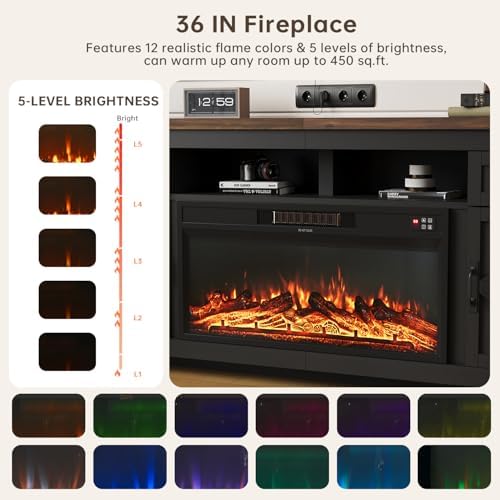 Fireplace TV Stand with Barn Door, 80 inch,Modern Black