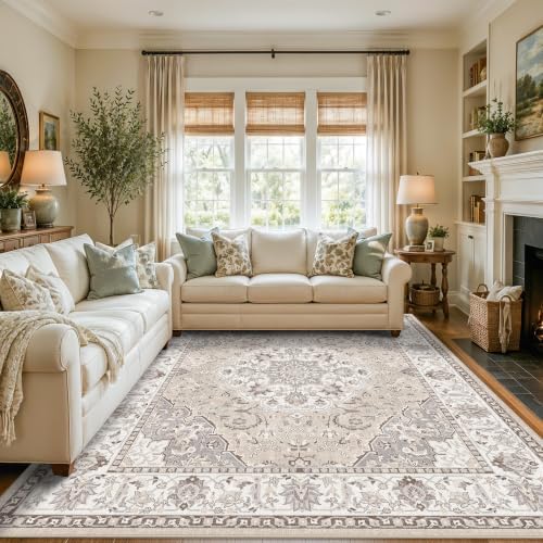10x10 Square Living Room Rug: Washable Vintage Ultra Soft Carpet for Bedroom Office Dining Room Thin Non-Slip Kids Room Rug Farmhouse Durable Low Pile Floor Mat for High Traffic Areas(10x10，Beige)