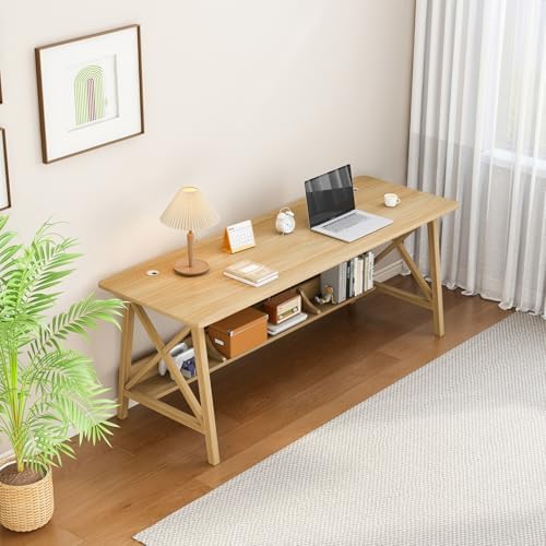 NELYE Extra Long Writing Desk with Bookshelf, 63" Wx20 Dx30 H, Oak