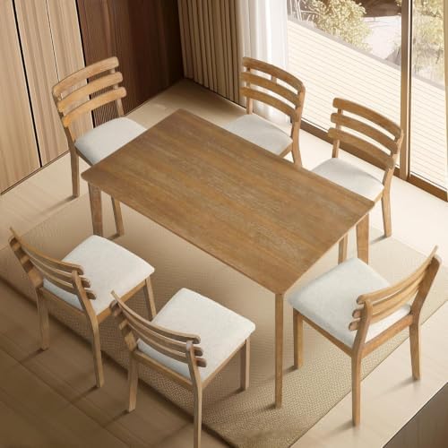 Dining Table Set for 6, Wooden Farmhouse Table, 6 Upholstered Chairs
