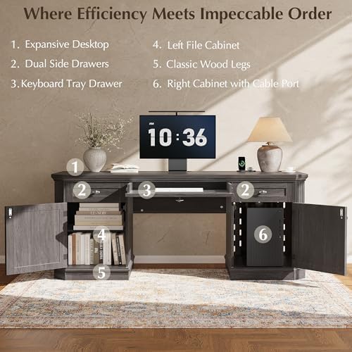 59" Classic Executive Desk with Storage, Victorian Executive Desk with Charging Station, Keyboard Tray, 3 Drawers & 2 Cabinet Storage & 2 Pedestals, Easy Assembly, Black
