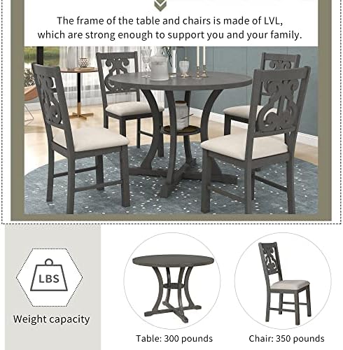 LUMISOL 5-Piece Round Dining Table Set for 4-6 Person, Farmhouse Kitchen Table Set with Special Shaped Legs and 4 Upholstered Chairs for Kitchen, Dining Room, Small Space, Grey